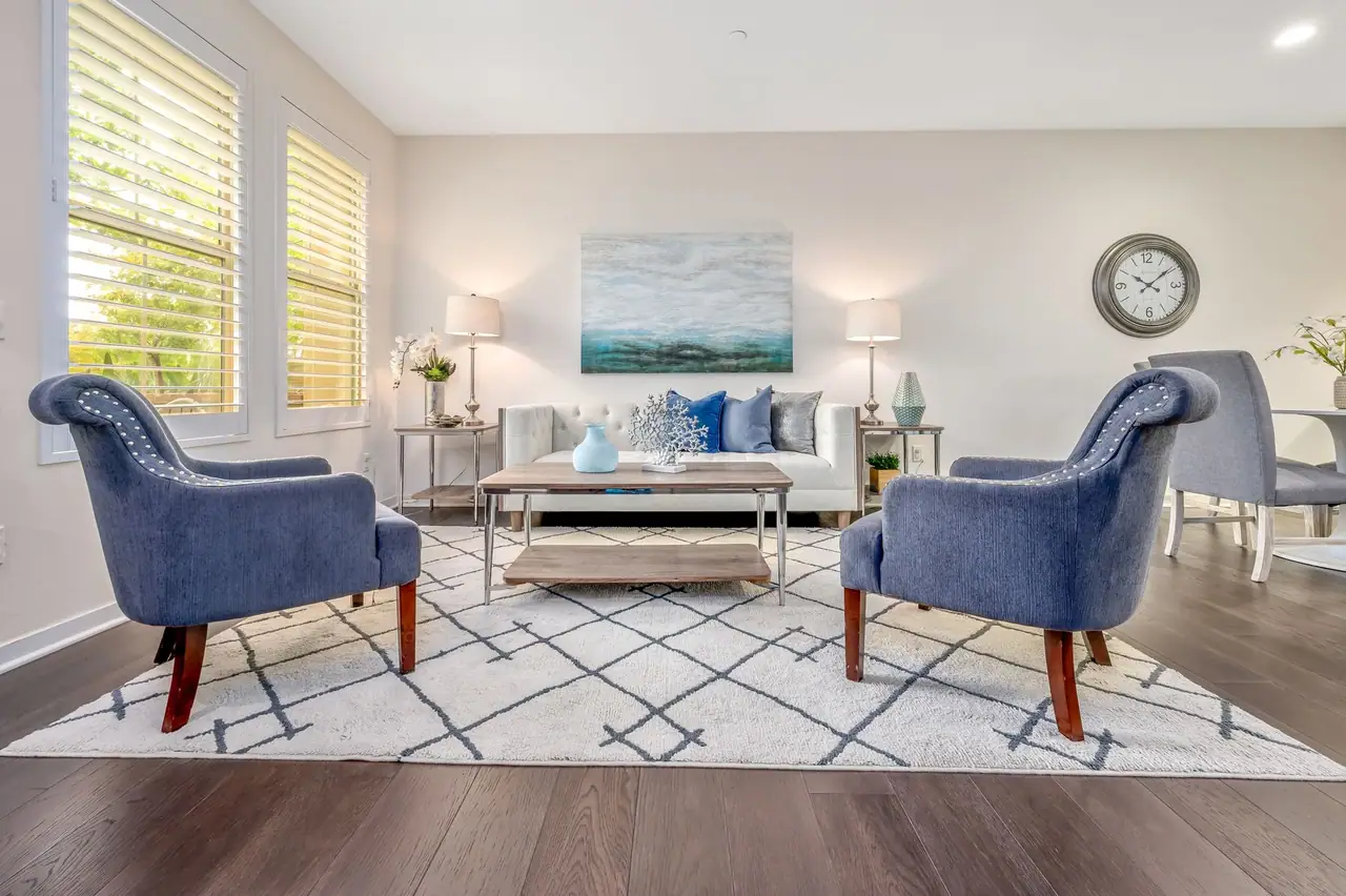 Light area rug in a bright Seattle, WA living room, the kind of piece that needs fibre identification before cleaning